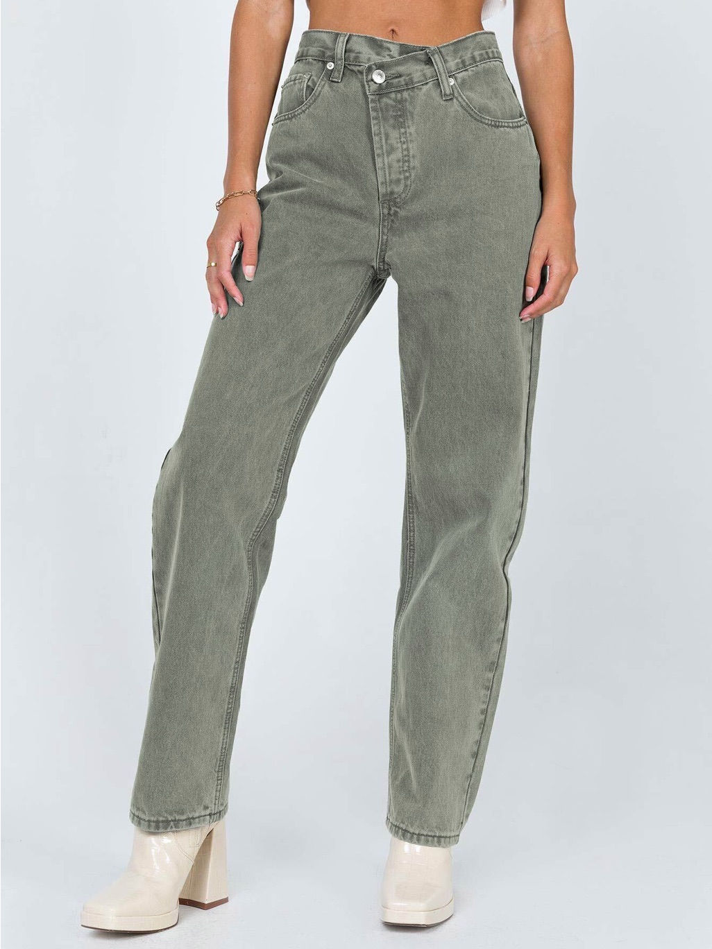 Princess Polly High-Rise Relaxed Straight Jeans - Olive